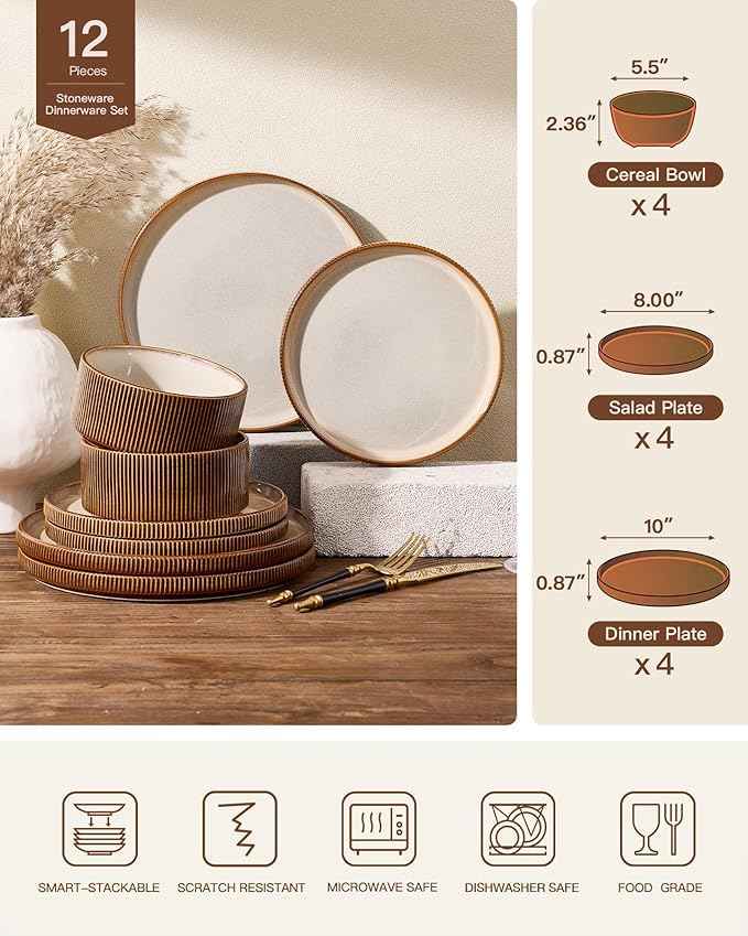 Stoneware Dinnerware Sets, Handcrafted Double Reactive Glaze Plates and Bowls for Everyday & Formal Dining, Microwave & Dishwasher Safe, Scratch Resistant Dishes Service for 4 (12-Piece), Cream Cocoa