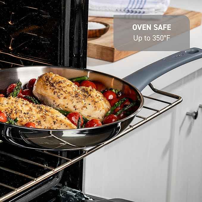 T-fal Essentials Stainless Steel Saute Pan with Lid 3.5 Quart, Induction Compatible, Oven Safe 350F, Perfect For Sautéing, Browning, & Simmering, Saucepan, Measuring Marks, Dishwasher Safe Silver/Blue