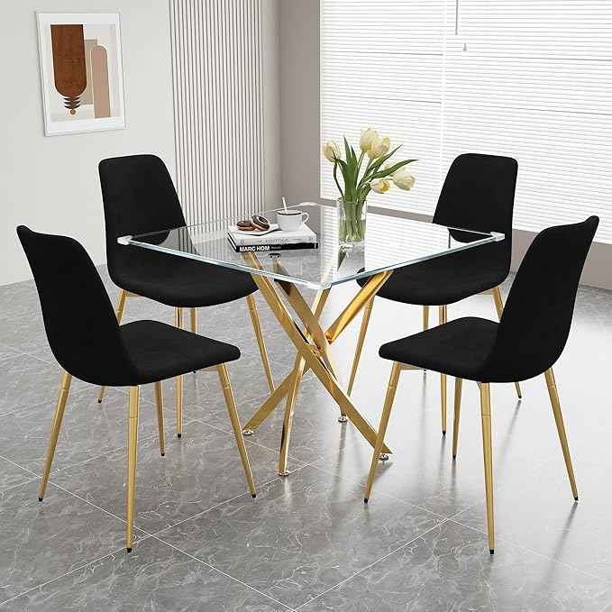 AF ARTISAN FURNITURE 36" Square Glass Dining Table Set for 4, 5-Piece Modern Kitchen Table with 4 Black Velvet Chairs, Modern Circle Leisure Table for Home Office Dining Room Small Spaces (Gold Leg)