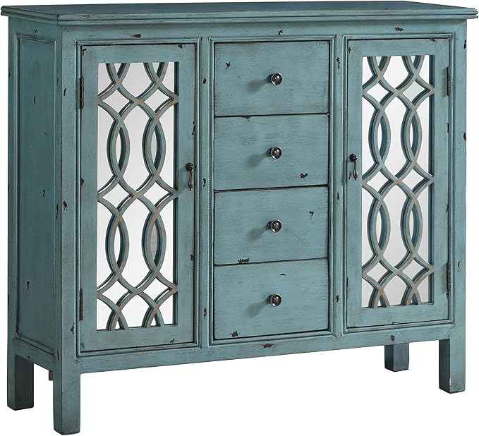 Coaster Home Furnishings - Rue - 4-Drawer Wood Accent Cabinet with Farmhouse Style, Trellis Pattern, Doors & Shelves - Living Room, Entryway & Home Kitchen - Blue - 950736