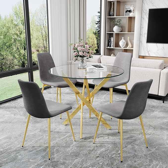 AF ARTISAN FURNITURE 36" Round Glass Dining Table Set for 4, 5-Piece Modern Kitchen Table with 4 Grey Velvet Chairs, Modern Circle Leisure Table for Home Office Dining Room Small Spaces (Gold Leg)