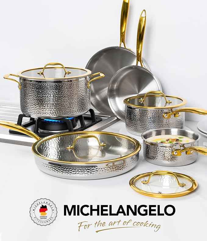 Michelangelo Triply Stainless Steel Pots and Pans Set, 10-Piece Hammered Stainless Steel Cookware Set with Golden Handle, Premium Induction Kitchen Cookware, Oven Safe