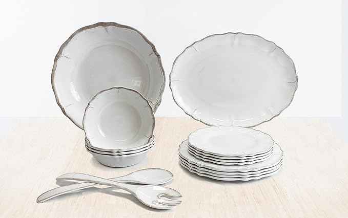 Le Cadeaux 16 Piece Luxury Melamine Dinnerware Set, Service for 4 (Rustica Antique White)