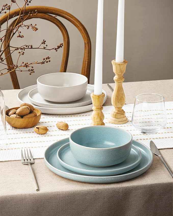 Famiware Milkyway Plates and Bowls Sets, 12 Pieces Dinnerware Sets, Reactive Glaze Dish Set, Stoneware Dishes Set for 4, Matte Beige White & Light Blue