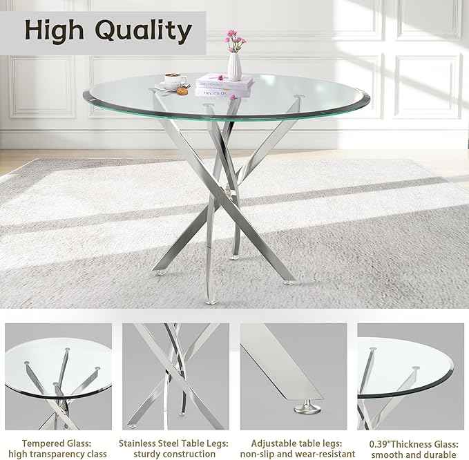 AF ARTISAN FURNITURE 36" Round Glass Dining Table for 4, Stainless Steel Legs & Tempered Glass Top, Modern Circle Leisure Table for Home Office Kitchen Dining Room Small Spaces (Silver Legs)