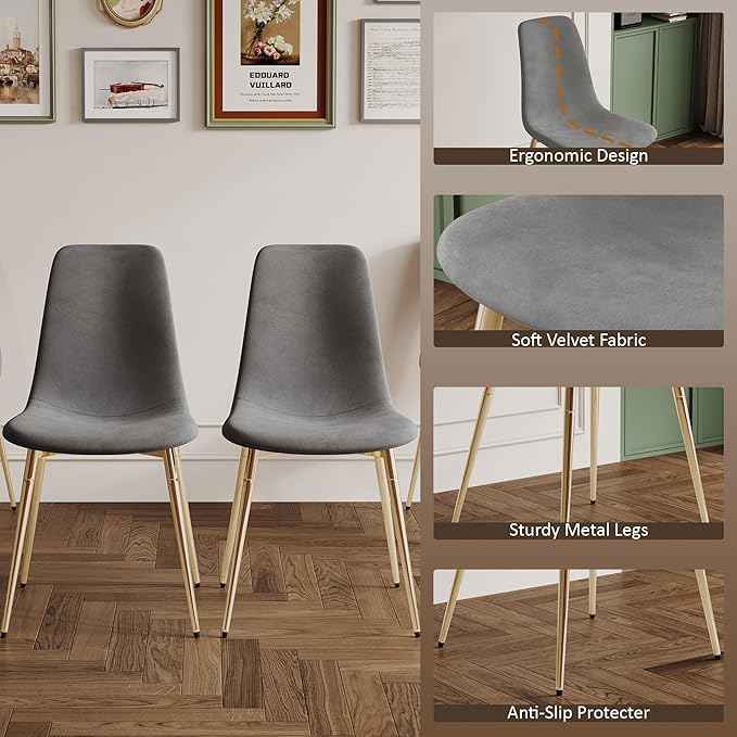 AF ARTISAN FURNITURE 36" Square Glass Dining Table Set for 4, 5-Piece Modern Kitchen Table with 4 Grey Velvet Chairs, Modern Circle Leisure Table for Home Office Dining Room Small Spaces (Gold Leg)