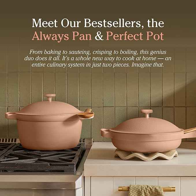 Our Place Cookware Duo | 7-Piece Ceramic Cookware Set with 10.5" Always Pan 2.0, 5.5 Qt Perfect Pot & Strainer Basket | Induction & Oven Safe up to 450°F | Nonstick, Non-Toxic Cookware | Blue Salt