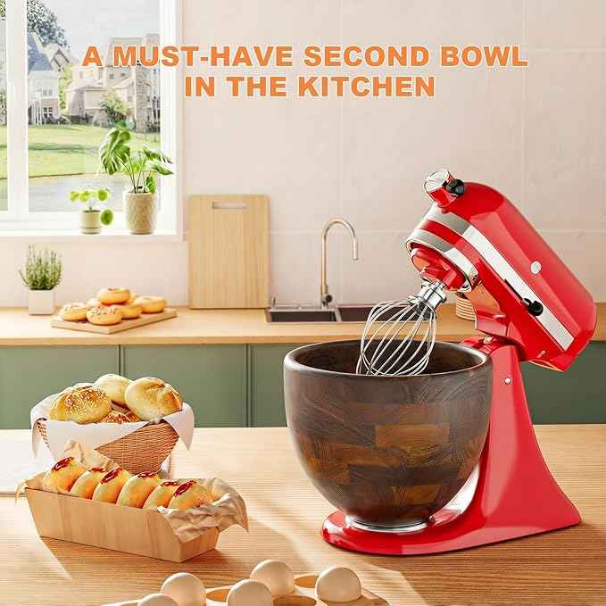 5 Qt Solid Wood Mixing Bowl Compatible with KitchenAid Tilt-Head Stand Mixer, Handcrafted Natural Wooden Bowl for 4.5-5 Qt K45SS KSM75 KSM150, Ideal for Bread Dough & Salads (Dark Brown)