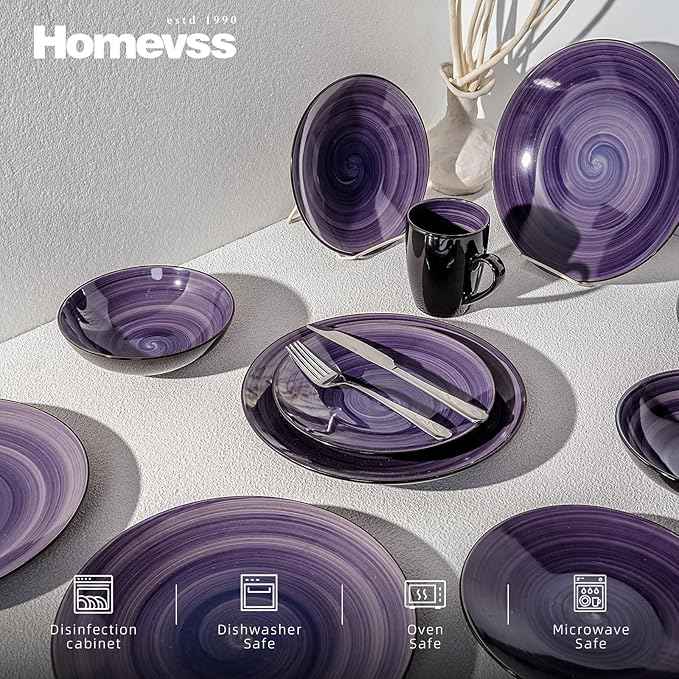Stoneware Sonoma 56pc Dinnerware Set, Black + Speckled Spin Wash Purple