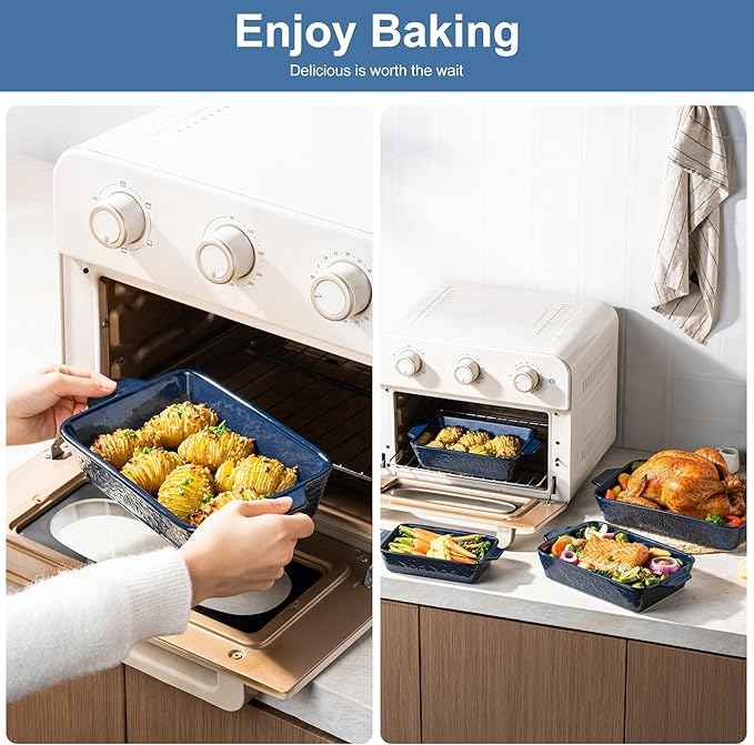 Casserole Dishes for Oven, Baking Dishes, Ceramic Bakeware Sets of 4, Rectangular Baking Pan Set with Handles for Baking, Casserole, Kitchen, Wedding Gift (Blue)