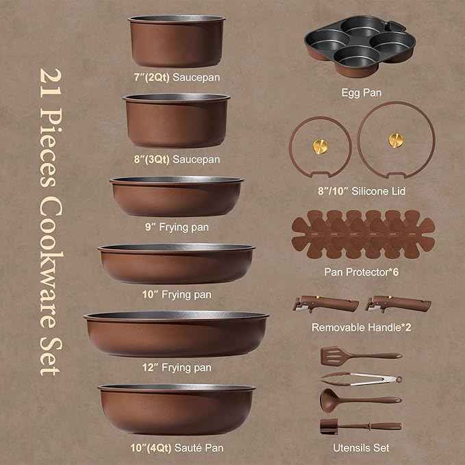 CAROTE 21pcs Pots and Pans Set, Nonstick Cookware Set Detachable Handle, Induction Kitchen Cookware Sets Non Stick with Removable Handle, RV Cookware Set, Oven Safe, Brown