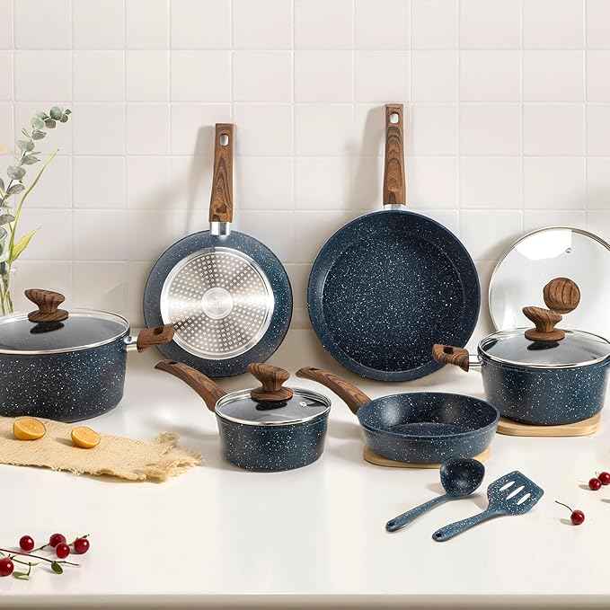 DisDelight Induction Pots and Pans Set Non Stick, Nonstick Granite Kitchen Cookware Sets, Blue Cooking Pans, PFOA & PFOS Free
