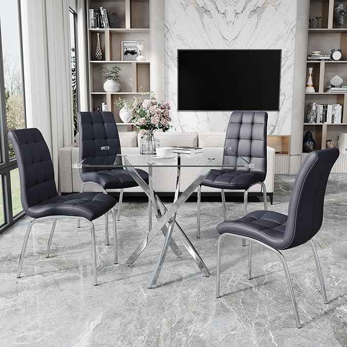 5 Piece Square Glass Dining Table Set, Round Tempered Glass Kitchen Table for 4, Modern Table with 4 High-Back Upholstered Chairs for Kitchen Dining Room (Silver Legs, 4 Black Chairs)