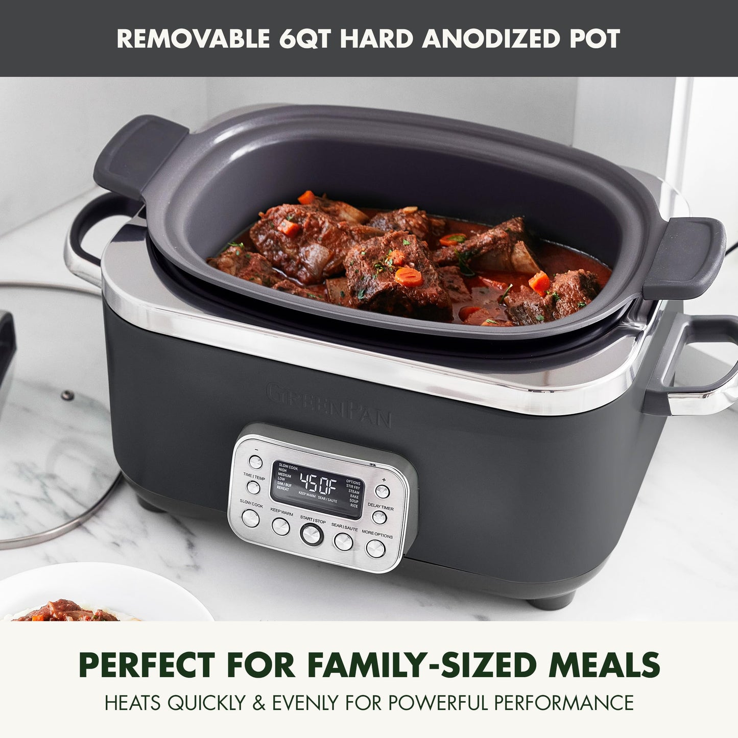 Elite 14-in-1 Nonstick 6QT Electric Slow Cooker, PFAS-Free Ceramic Multi-Cooker, In-Pot Browning, Dishwasher Safe Lid & Removable Crock, Stainless Steel Steamer, Silicone Handles, Graphite (6 Quarts / Graphite)