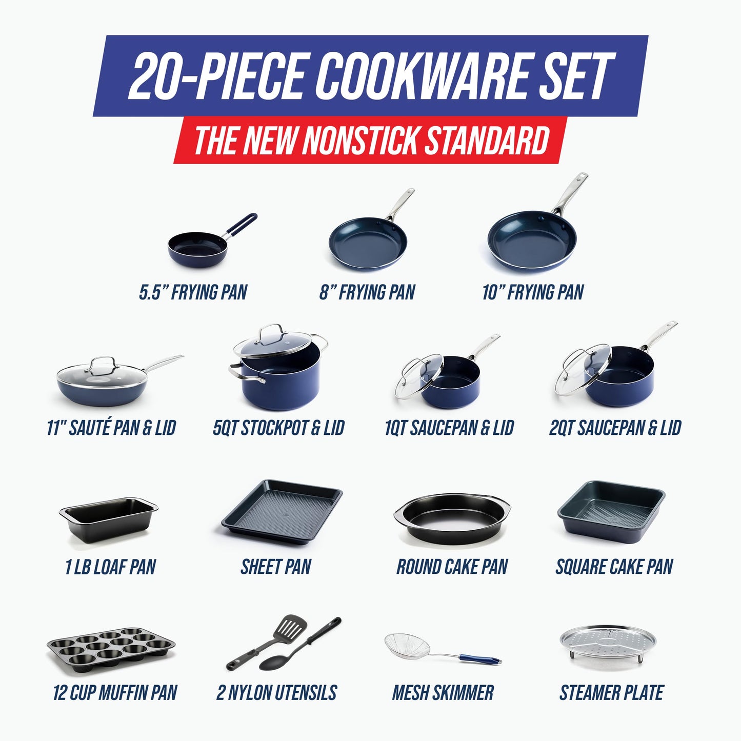 20 Piece Ceramic Nonstick Pots & Pans Cookware Set (20 Piece Cookware Set / Blue)