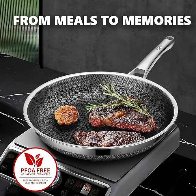 Non Stick Frying Pans Set with 2 Lid, Hybrid Skillet Set Nonstick (8+10+12inch), Pans for cooking, PFOA Free Stainless Steel Kitchen set, Dishwasher and Oven-Safe Cookware Sets