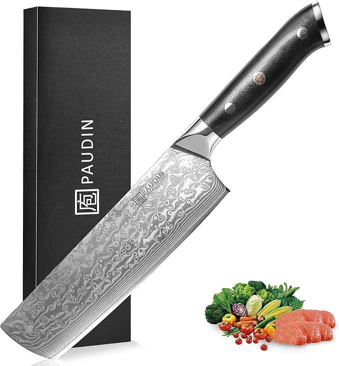 PAUDIN Nakiri Knife 7'', Damascus Chef Knife, Japanese VG-10 Stainless Steel, Kitchen Knife with G10 Full Tang Handle, Razor Sharp 67-Layer Forged Blade