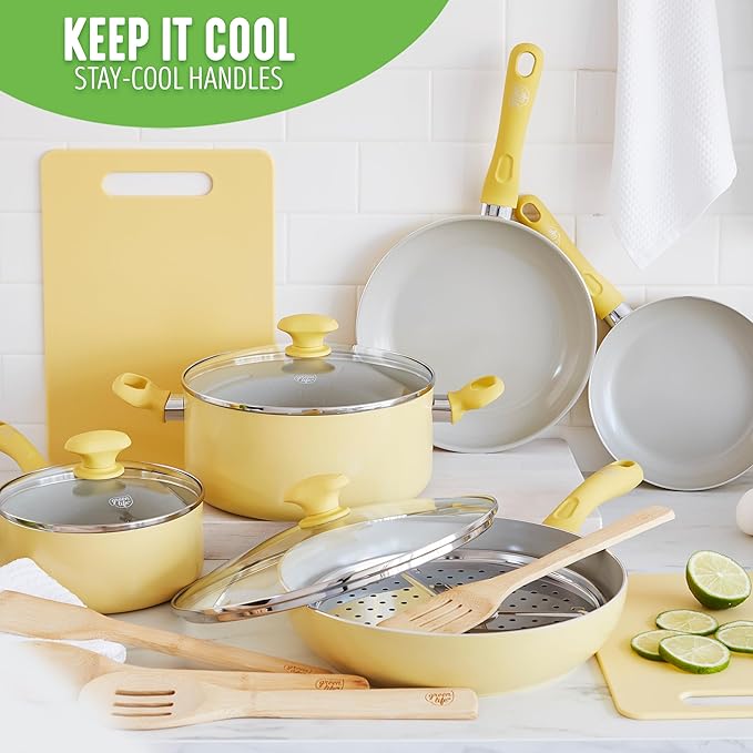 GreenLife Soft Grip Healthy Ceramic Nonstick 15 Piece Kitchen Cookware Pots and Frying Sauce Saute Pans Set, PFAS-Free with Kitchen Utensils and Lid, Dishwasher Safe, Yellow