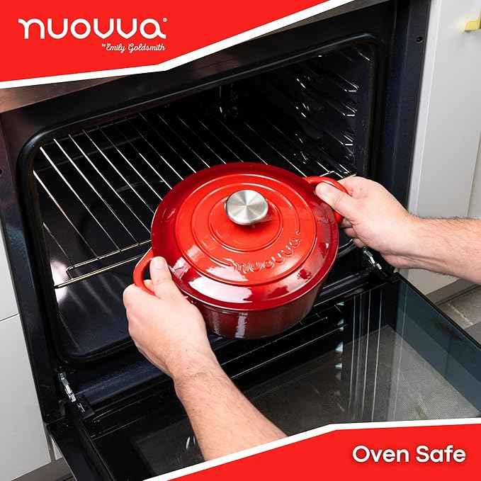 Cast Iron Pot with Lid – Non-Stick Ovenproof Enamelled Casserole Pot, Oven Safe up to 500° F – Sturdy Dutch Oven Cookware – Red, 5-Quart, 24cm – by Nuovva