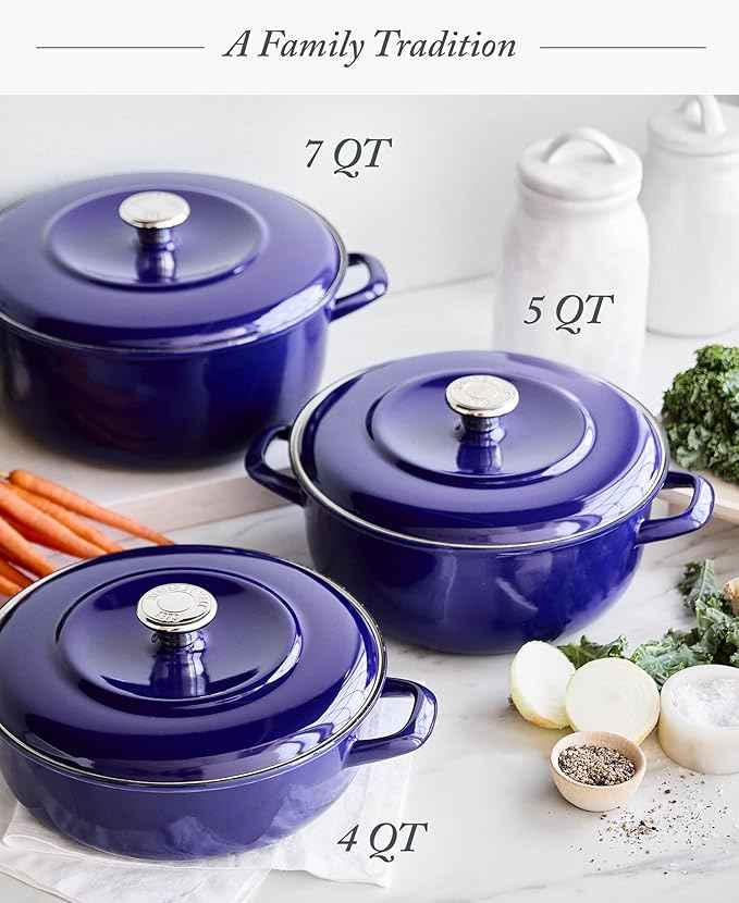 Merten & Storck 7QT Round Dutch Oven Casserole Pot with Lid, European Crafted Enameled Iron Stockpot, Induction & All Cooktops, Braising, Stews, Roasting, Slow Cooking, Sourdough, Cobalt Blue
