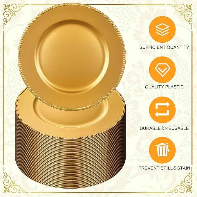 100 Pcs Gold Charger Plates with Napkin Rings Set Include 50 Gold Beaded Charger Plates 50 Napkin Rings, 13 Inch Plastic Round Chargers for Dinner, Wedding, Birthday, Party, Banquet, Table Setting