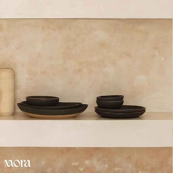 MORA Mega and Giant Serving Dishes Set of 2, 16 inch and 14 inch Ceramic Pottery Oval Platters - Microwave, Oven and Dishwasher Safe - Liquorice