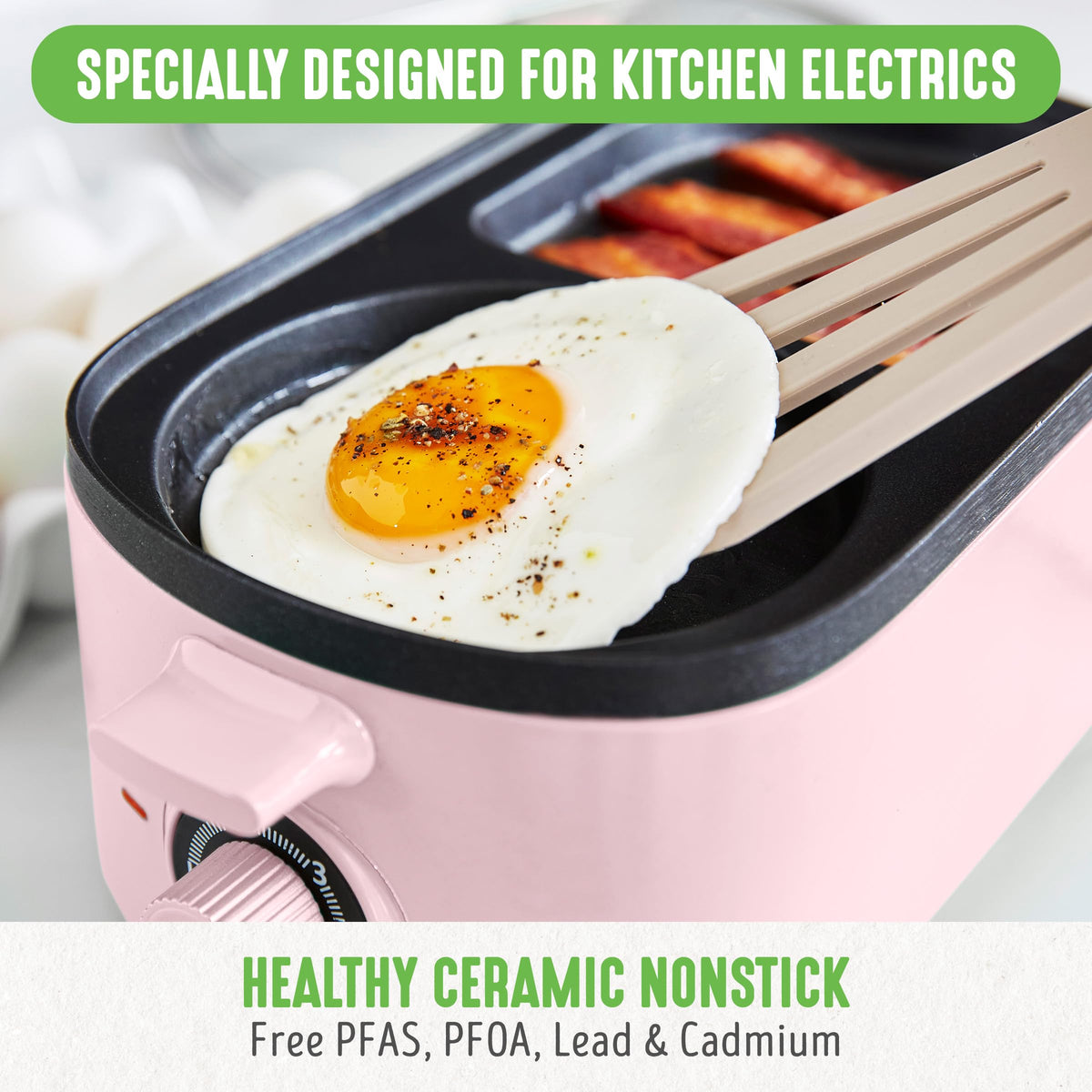 3-in-1 Breakfast Maker Station, Healthy Ceramic Nonstick Dual Griddles for Eggs Meat Sausage Bacon Pancakes and Breakfast Sandwiches, 2 Slice Toast Drawer, Easy-to-use Timer, Pink (Pink / 11" Breakfast Maker / Breakfast Maker)