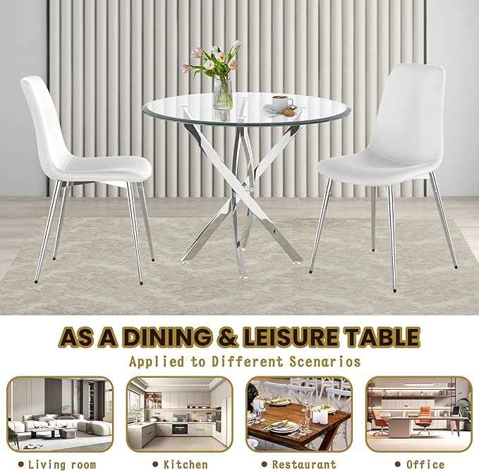 AF ARTISAN FURNITURE 36" Round Glass Dining Table Set for 4, 5-Piece Modern Kitchen Table with 4 White Velvet Chairs, Modern Circle Leisure Table for Home Office Dining Room Small Spaces (Silver Leg)