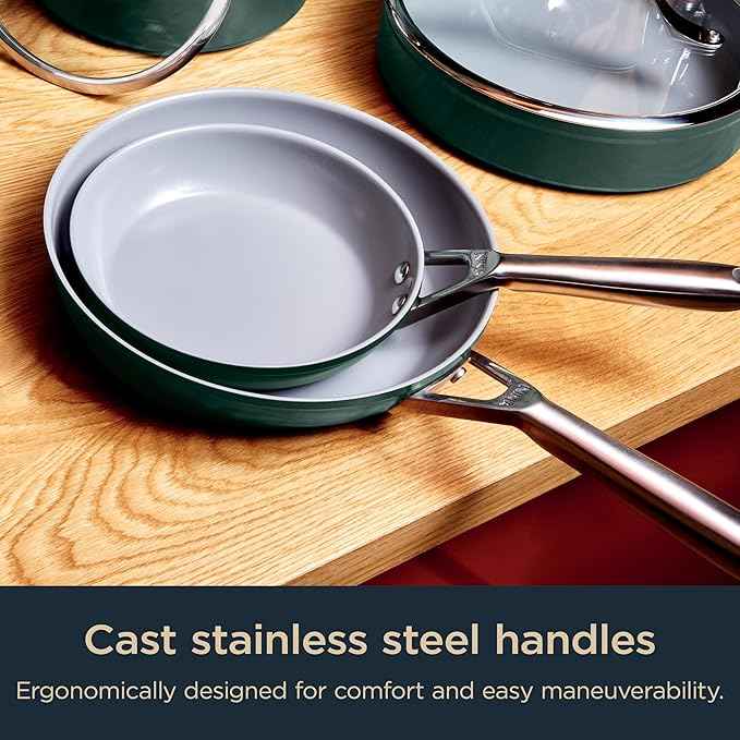 Ninja Ceramic Pro 10-Piece Cookware Set, NonStick Pots & Pans Set with Glass Lids, Nontoxic, PTFE Free, Ceramic Coated, Oven Safe, All Stovetops & Induction Compatible, British Racing Green, CW39010GN