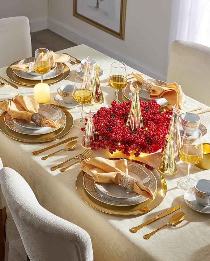 BrylaneHome 40 Piece Medici Porcelain Dinnerware Set (Service For 8), Includes Dinner & Dessert Plates, Bowls, Cups & Saucers, Elegant Gold Rim Pattern - Gold White