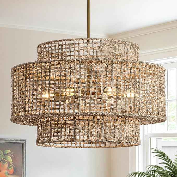 24” Rattan Chandelier for Dining Room, Large Boho 6-Light Rustic Chandeliers Light Fixture with Wicker Shade, Hand Woven Farmhouse Pendant Lighting for Kitchen Bedroom, Living Room, Foyer