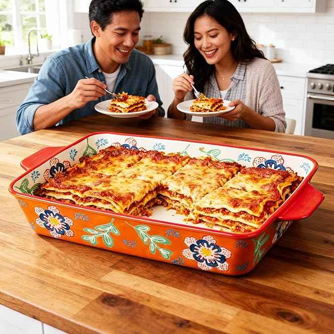 Ceramic Baking Dish Set, 2-Piece Stoneware Bakeware with Handles, 3QT & 1.2QT Casserole Dishes for Oven to Table, Microwave Dishwasher Safe, Lead-Free, Hand-Painted Bakeware -Warm Orange