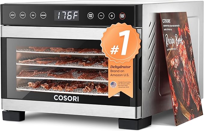 COSORI Food Dehydrator for Jerky, 176°F Temperature Control, 5 Stainless Steel Trays Dryer Machine, 4 Presets, 48H Timer, for Dog Treats, Meat, Fruit, Veggies, Snacks, Bright-Silver
