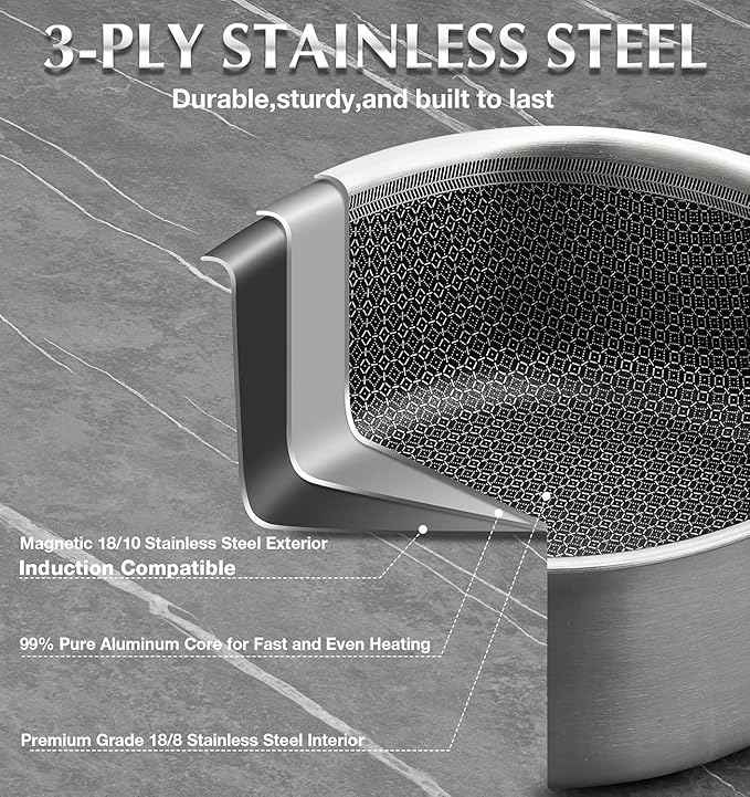 KOCH SYSTEME CS Triply Stainless Steel Cookware Set 10PCS, Nonstick Hybrid Pots and Pans Set, Nontoxic Kitchen Cookware Set with Honeycomb Interior, Pots and Pans Set Non Stick, Induction Compatible
