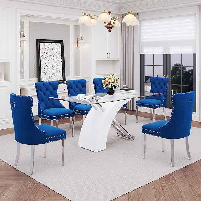 7 Piece Glass Dining Table Set for 6, 63" Modern Kitchen Table with 6 Blue Velvet Chairs, Tempered Glass Tabletop with White X-Shaped MDF Base, Modern Dining Room Set for Kitchen and Dining Room