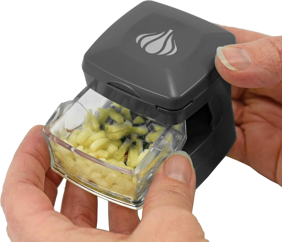 Garlic-A-Peel Garlic Press, Crusher, Cutter, Mincer, and Storage Container - Includes Silicone Garlic Peeler - Easy to Clean - Stainless Steel Blades – (Grey), standard - HomeSpice