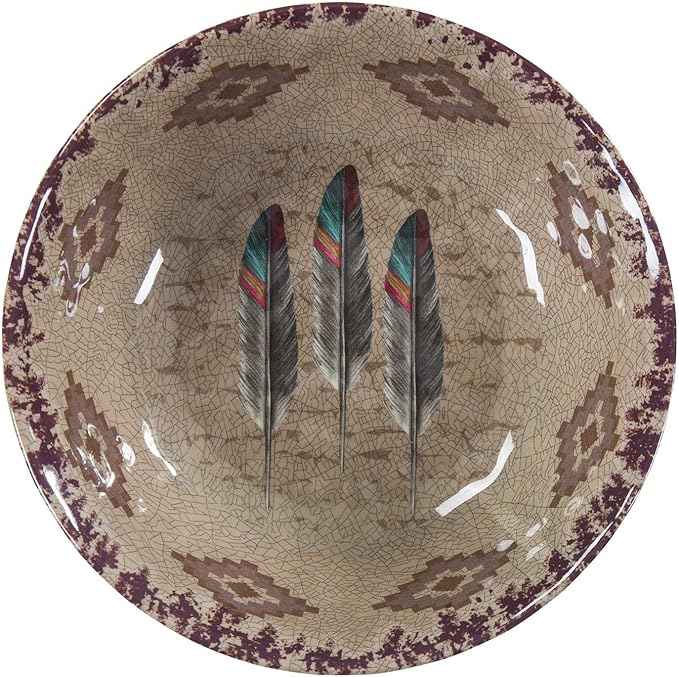 Paseo Road Tossed Feather 14 Piece Melamine Plastic Western Dinnerware Set, Orange Tan Brown Teal Aztec Tribal Print, Southwestern Rustic Dish Set with Plates, Bowls, Serving Dish