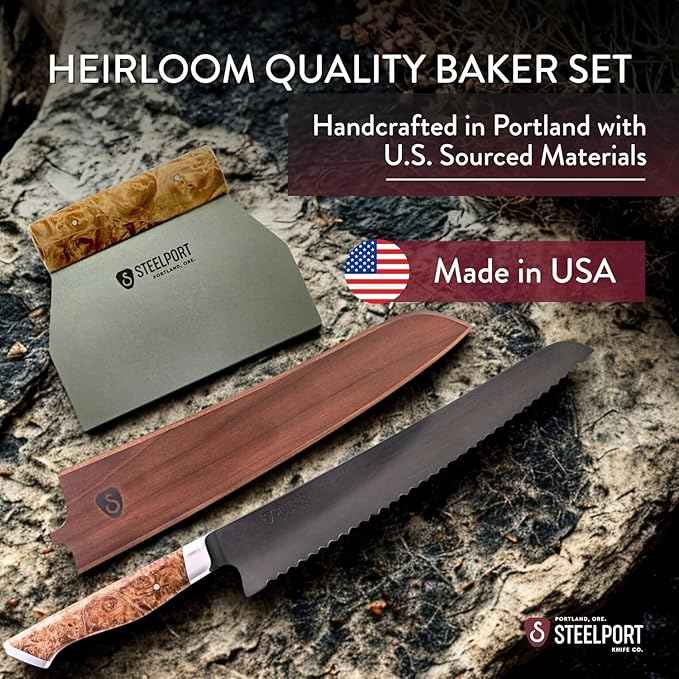STEELPORT Sourdough Tool Set (3 Pcs.) – 10” Carbon Steel Serrated Bread Knife, Stainless Steel Bench Scraper & Wooden Sheath | Professional Artisan Baking Kit for Homemade Bread, Made in USA