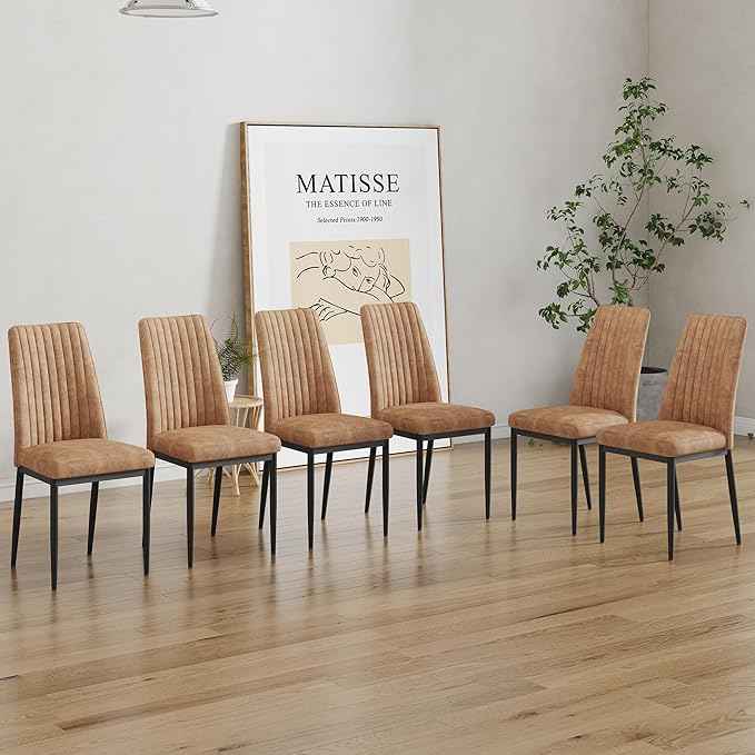 Modern Dining Chairs Set of 6 Kitchen Chairs Set Leathaire Fabric Chair with Metal Leg High Back Upholstered Chair for Dinner Room, Waiting Room(Set of 6, Brown)