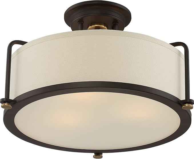 Quoizel Rigel Semi-Flush Mount Ceiling Light Fixture, 18 Inch 3-Light 100W Western Bronze Hanging Light with Beige Fabric & Frosted Glass Shade for Hallway, Kitchen, Bedroom, Living Room or Office