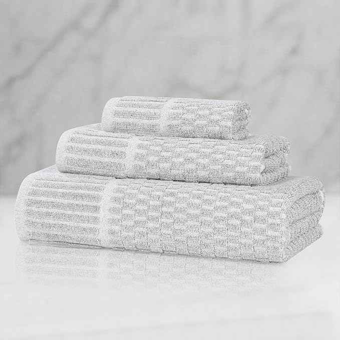 Superior Juno Viscose Cotton Blend Medium Weight Towels, for Bathroom, Shower, Spa, Plush, Quick Dry, Ultra-Soft Towels, Bath Essentials, Border Detail, 3 Piece Assorted Towel Set, Platinum