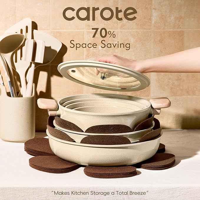 CAROTE 25PCS Ceramic Cookware Set, Pots and Pans set Non Stick, RV Kitchen Cooking Set Removable Handles, Oven Safe, Induction Cookware, Non-toxic Kitchen Cooking Set, PFAS and PFOA Free