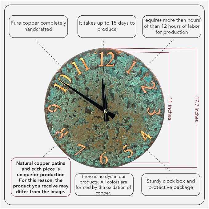 Handmade Pure Copper Wall Clock for Home Decoration, Decor Clock for Living Room, Bedroom and Kitchen, Rustic Decorative Mural Clock Art for Farmhouse (Numbers of Patina, 17.7)