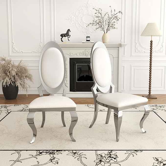 Modern Dining Chairs Set of 2, Luxury Faux Leather Upholstered Armless Dining Room Chair with Mirrored Stainless Steel Silver Legs, Mid Century Accent for Wedding Party Banquet Reception, White