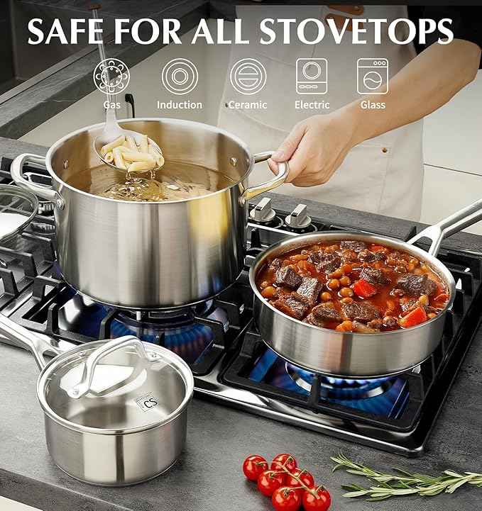 KOCH SYSTEME CS Stainless Steel Cookware Set 17 Piece, Professional 18/10 Stianless Steel Pots and Pans Set, 5-Layer Stainless Base, Oven Safe, Induction Ready, Non-Toxic Kitchen Cookware Set