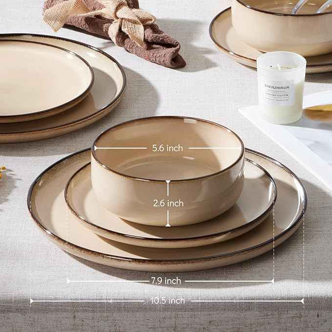 E-far 6-Piece Plates and Bowls Set, Stoneware Dinnerware Sets for 2, Reactive Glaze Ceramic Dinning Ware Dishes, Microwave & Dishwasher Safe - Sandy Beige