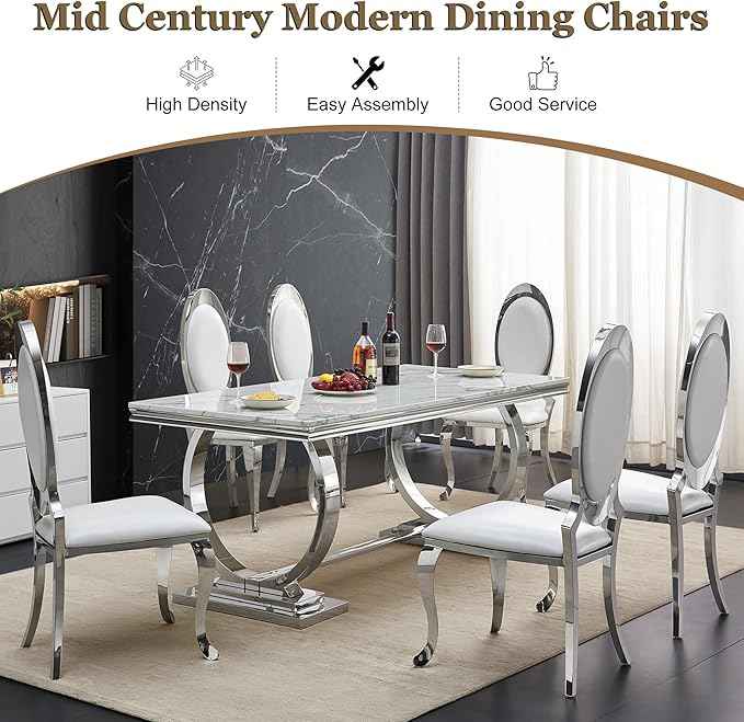 Modern Dining Chairs Set of 2, Luxury Faux Leather Upholstered Armless Dining Room Chair with Mirrored Stainless Steel Silver Legs, Mid Century Accent for Wedding Party Banquet Reception, White