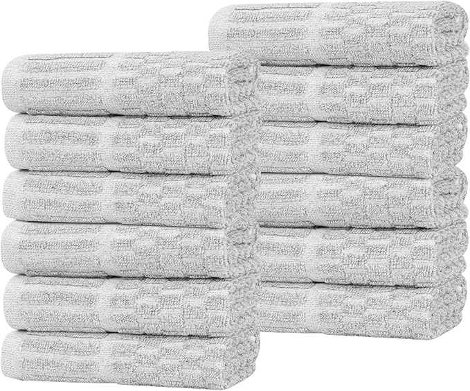 Superior Juno Viscose Cotton Blend Medium Weight Small Towels, for Kitchen, Bathroom, Shower, Spa, Plush, Quick Dry, Ultra-Soft Essentials, Border Detail, Face Towels Washcloths, Set of 12, Platinum