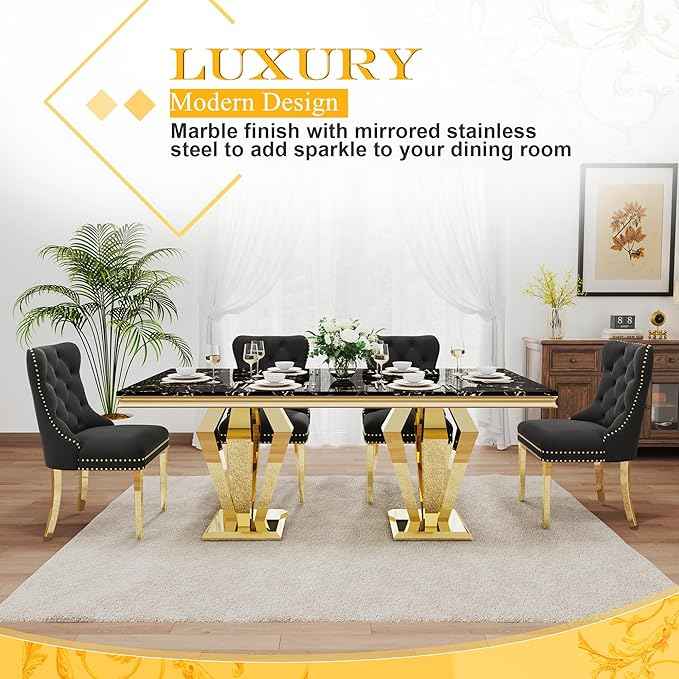 7 Piece Luxury Dining Room Set, Modern Dining Table and Upholstered Chairs Set, Marble Kitchen Table Set for 6, Big Kitchen Dinner Tables Kit with Silver Base