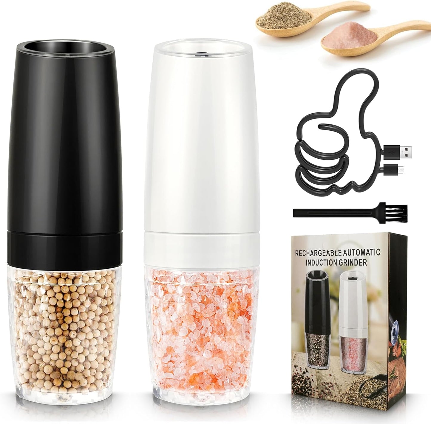 Gravity Electric Salt and Pepper Grinder Set of 2, Automatic Pepper Mill, USB Rechargeable, Adjustable Coarseness, One-handed Operation, Ceramic Burr, Refillable, Auto Grinders with LED light